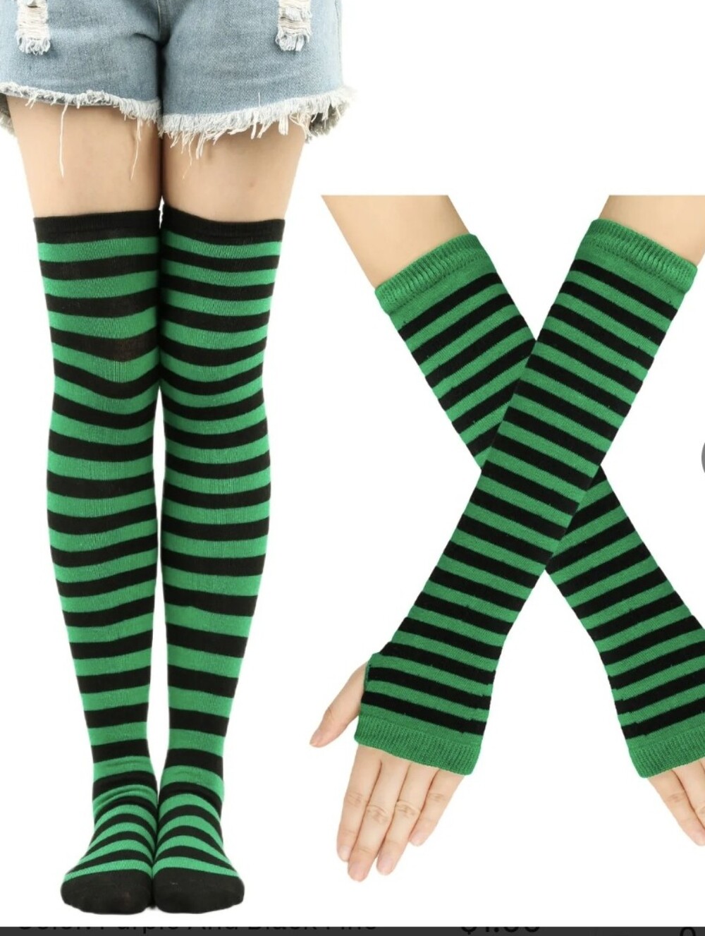 Green & Black Striped Thigh-High Socks & Arm Warmers